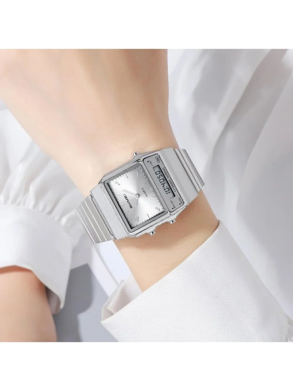 Unisex Silver Digital Analog Retro Square Stainless Steel Stopwatch Wrist Watch